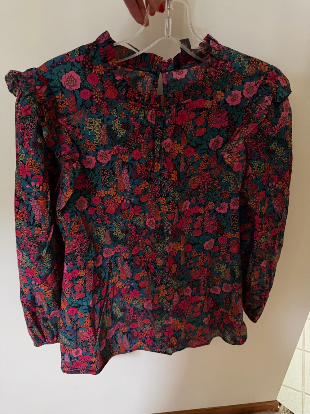 JCrew x Liberty Floral Ruffle Blouse in Teal, Pink & Orange - Picture 3 of 5